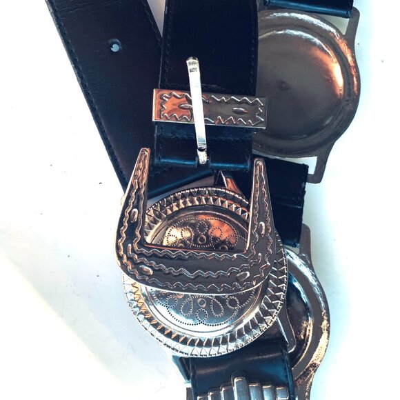 BELT High-End Black 100% Leather Silver Disc Wide Bo Ho Western Style - Picture 7 of 12